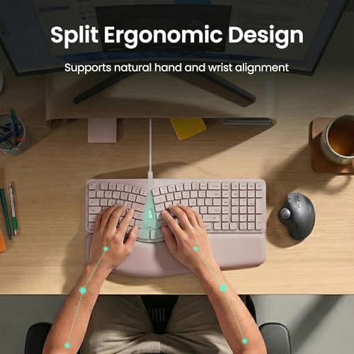 Nulea Ergonomic Keyboard, Wired Keyboard with Split Design and Palm Rest, Volcano Keycaps, Natural Typing, Type C and USB Plug, 2 in 1 Port for Windows and Mac, 3 Colors(Pink)