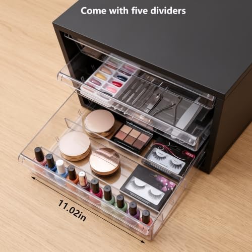 WOPITUES Wooden Desk Organizer with 3 Drawers & a Total of 5 Dividers,Black