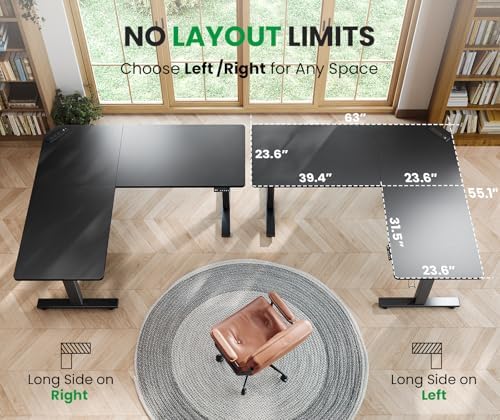 63x55 L-Shaped Electric Standing Desk with Charging Station