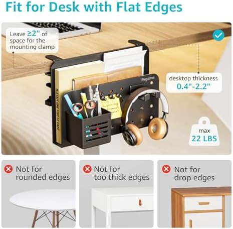 PEGZONE Desk Side Storage Organizer, Fits Flat Edge 0.4" to 2.2", Black