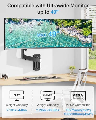 Monitor Wall Mount fits 22"-49" Ultrawide Flat & Curved Screens, Heavy Duty Single Monitor Wall Arm Holds 2.2 to 44 lbs, Full Motion Adjustable Wall Bracket, VESA Mount 75x75mm/100x100mm