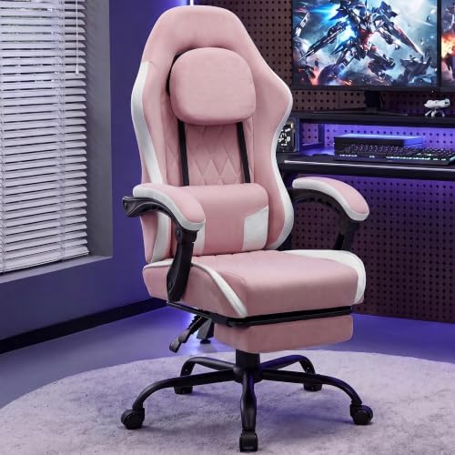 Gaming Chair with Footrest, Ergonomic Fabric Desk Chair, Pink