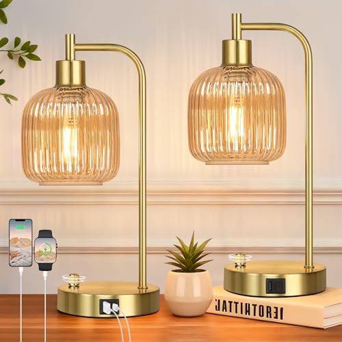 Champagne Glass Table Lamps Set of 2, Dimmable Bedside Lamps for Bedroom
