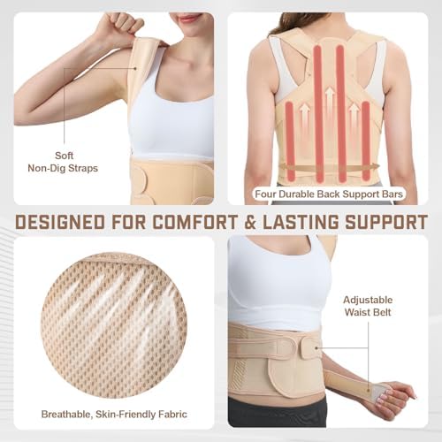 Posture Corrector for Women & Men, Adjustable Back Brace Shoulder Straightener with Full Back Support for Upper & Lower Back Pain, Spine Alignment, Hunchback, Scoliosis Relief (Large, Beige)