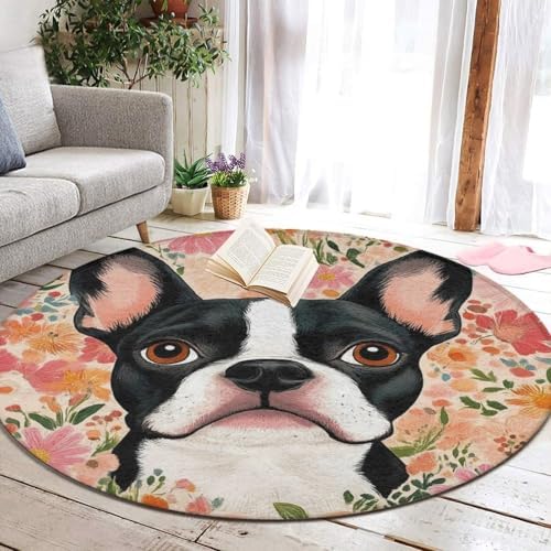 Room Sofa Yoga Soft Round Carpet, Home Decor Non Slip Kitchen Office Circle Rug, Machine Washable Modern Round Area Rug Boston Terrier Floral, 36inch