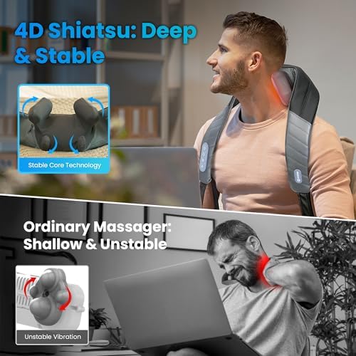 COMFIER Neck and Shoulder Massager with Heat, Cordless 4D Shiatsu Back and Neck Massager for Pain Relief, Hands-Free Massage Pillow with Carry Bag,Classic Gray