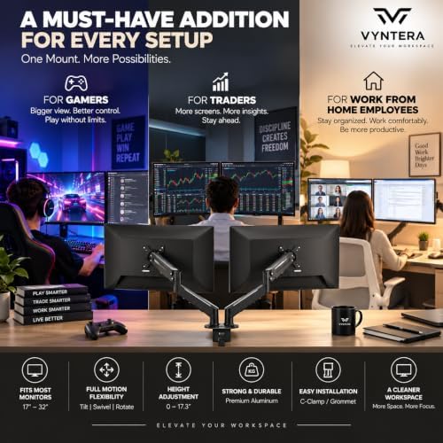 Dual Monitor Arm Stand – Adjustable Gas Spring Desk Mount for 2 Computer Screens, Full Motion Monitor Stand with Dual Clamp Base, Landscape & Portrait Rotation, Tilt & Swivel, Cable Management