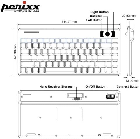 Perixx Periboard-706 Wireless Mini Keyboard, Build-in 0.55 Inch Trackball for Pointing Feature, Black, US English Layout