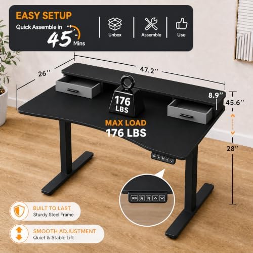 Grandder Electric Standing Desk with Two Drawers, Curved Sit to Stand Up Height Adjustable Desk with Storage Shelf for Home Office, 47 * 26 Inch, Study, Ergonomic Adjustable Computer Desk, Black