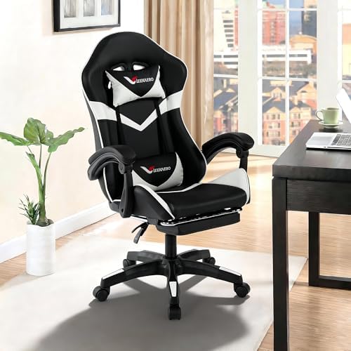 Gaming Chair for Adults, Ergonomic Computer Gaming Chair with Footrest & Lumbar Support, Height Adjustable 360° Swivel Reclining Home Office Desk Chair (Black & White)