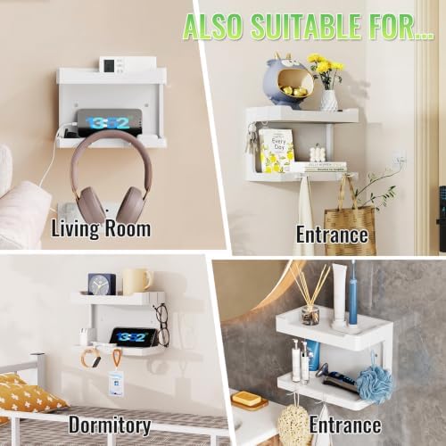 NiHome Bedside Wall Shelf Organizer, Wood 2-Tier Floating Nightstand, White