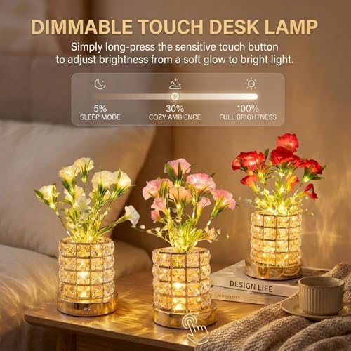 Flower Table Lamps, Rechargeable Cordless Small Desk Lamp, 3 Colors Dimmable Artificial Flowers Night Light, Fake Bouquet Carnation with Crystal Vase Gifts for Girl Women Mom (Pink - Carnation)
