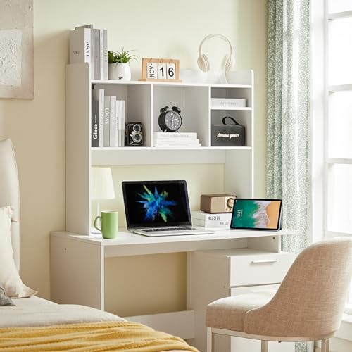 Nromant Desktop Bookshelf, Wooden Desk Storage Hutch with 6 Shelves for Computer Desk, 3-Tier Desktop Display Organizer Rack for Office Home (White)