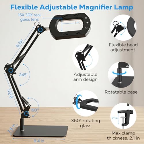 MoKo 15X 30X Magnifying Glass with Light and Stand, Magnifying Desk Lamp with Clamp, 5 Color Modes Stepless Dimmable LED Lighted Magnifier, Desk Magnifier for Close Work, Reading, Crafts, Black