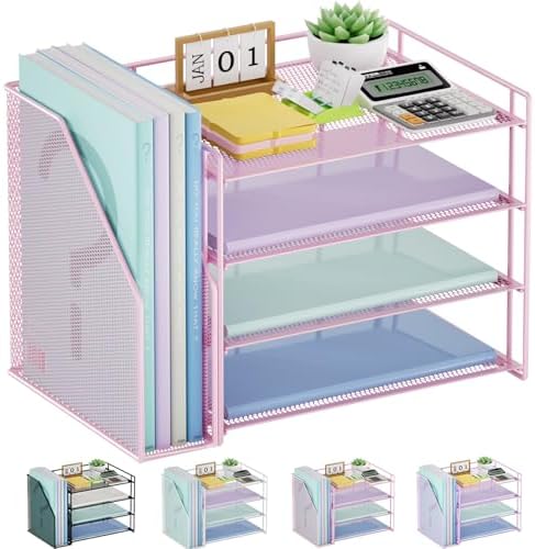 Marbrasse 4-Tier Paper Tray Organizer with File Holder, Pink