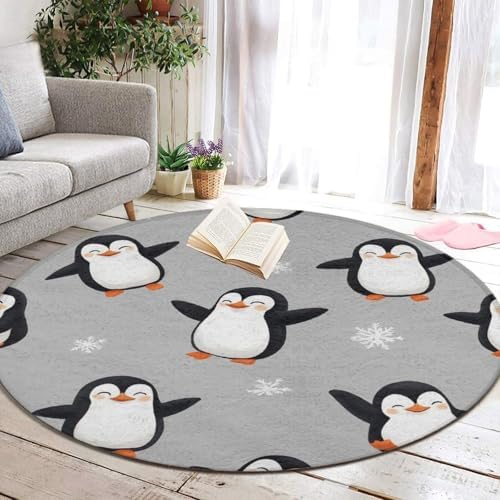 Large Machine Washable Circular Rugs, Home Decor Round Mat for Living Room Sofa Office Cute Penguin Grey