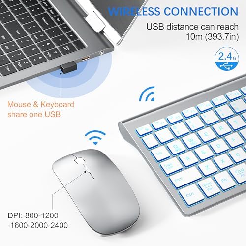 Wireless Backlit Keyboard and Mouse Ultra Slim Combo, TopMate -Silver White