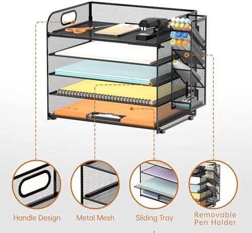 5-Tier Paper Organizer for Desk with Pen Holders, 2-Pack, Black