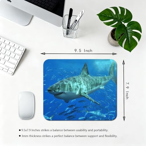 9.5x7.9 Inch Office/Gaming Mouse Pad, Great White Shark Dominating a School of Fish in The Blue Ocean Cute Anti-Slip Mat for Desk