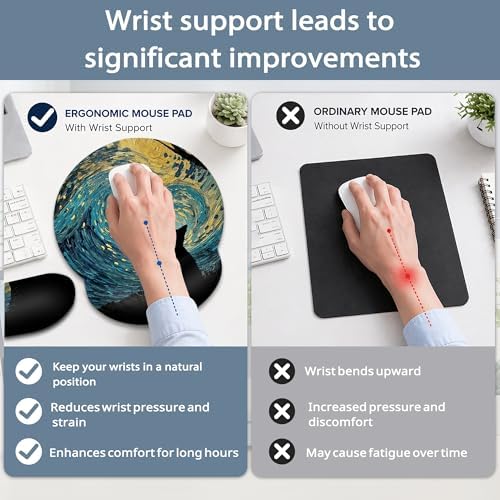 Starry Night Wrist Rest Support for Mouse Pad Keyboard Set, Cat Mouse Pad with Non Slip Rubber Base for Home and Office Typing Support