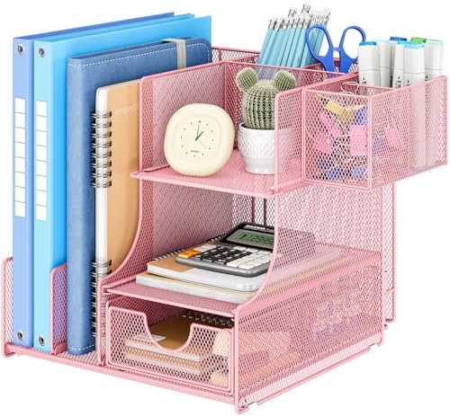 Lavatino Desk Organizer – 4-in-1 Pink Mesh Office Supplies Organizer with Pen Holder, File Holder, Desktop Tray, and Drawer for Home, Office, Classroom