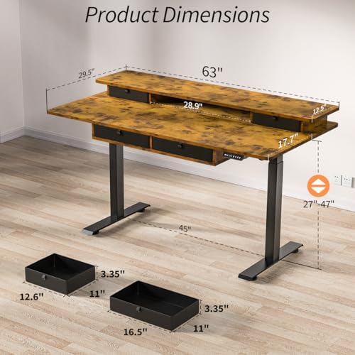 Kingant Electric Standing Desk with 4 Drawers, Height Adjustable 63"x 30"