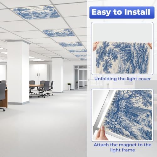 4 Pcs Fluorescent Light Covers for Ceiling Lights Woodland vintage Blue white Magnetic Light Filters Decorative for Classroom Office Hospital Home 4x2 Ft