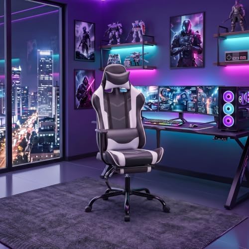 BestOffice Massage Gaming Chair with Footrest, Office Desk Chair, White