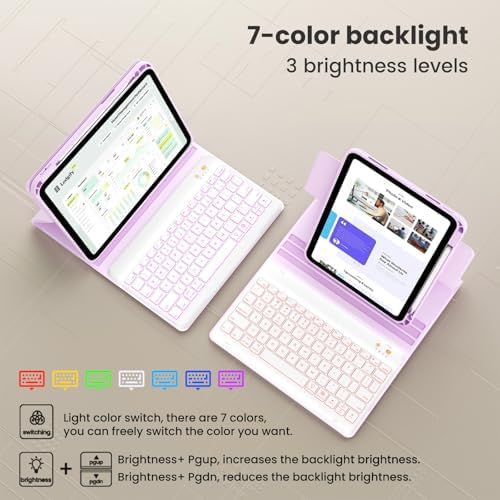 Keyboard Case for iPad 9.7 6th 2018/5th gen 2017/ Air 2-7 Color Backlit Detachable Wireless Keyboard - 360° Rotatable Magnetic Detachable Slim Folio Cover with Pencil Holder (Purple)