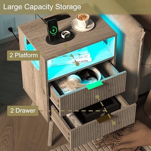 JOONEE Nightstand with Charging Station and LED Lights,Modern Bedside Table with 2 Storage Drawer and Open Wood Shelf, for Bedroom and Small Spaces,Night Stand with Solid Wood Legs,GreyOak