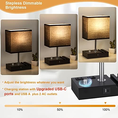 Black Table Lamp for Bedroom - Stepless Dimmable, USB C+A, 2 AC Outlets