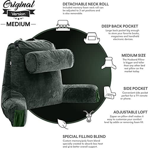 Husband Pillow Medium Reading Pillow with Arms - 23" Backrest for Sitting Up in Bed - Firm Support Bed Rest Pillow for Adults, Neck Roll, Removable Cover - TV, Reading, Lounging - Dark Green