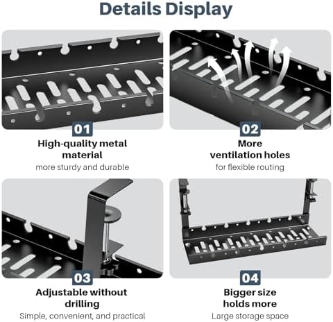 Under Desk Cable Management Tray, No Drill Clamp Mount, Metal Cord Organizer for Desk, Wire Management Rack for Home Office and Standing (Black)