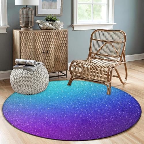 Machine Washable Modern Round Area Rug, Room Sofa Yoga Soft Round Carpet, Home Decor Non Slip Kitchen Office Circle Rug Beautiful Blue Purple Shining Glitter Sparkles Pattern