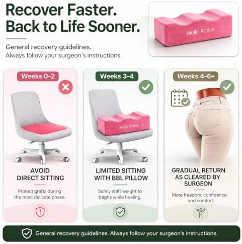 Mello Active BBL Pillow After Surgery – Doctor-Recommended, Firm & Lightweight Sitting Cushion for Post-Op Recovery – Portable Support for Home, Car & Office – Ultimate Comfort & Stability Pink