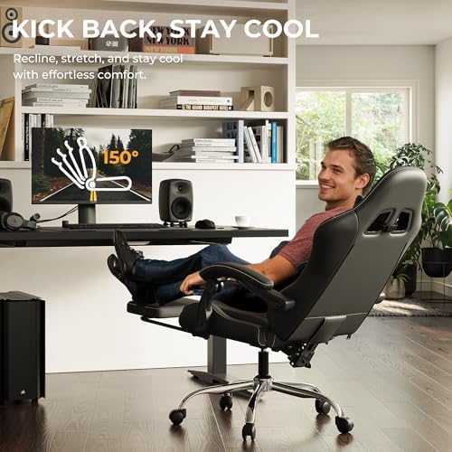 Ergonomic Gaming Chair with Footrest, Heavy Duty 330lbs Office Chair, Massage Lumbar Support, Adjustable Height & Headrest Pillow, Comfortable for Back Pain Relief, Streaming, Long Gaming, Black