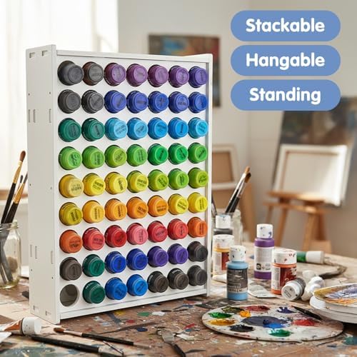 2 Pcs 63 Holes Paint Organizer, Wall-Mounted and Stackable Vertical Craft Paint Storage Holder for 2oz Craft Paints, White