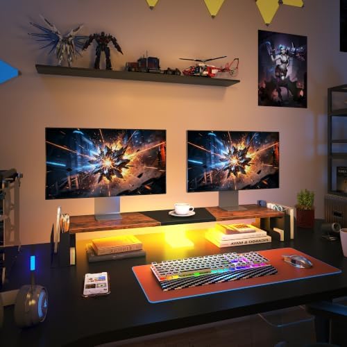 WESTREE Dual Monitor Stand Riser with Storage, Computer Monitor Riser with Adjustable Angle and LED, Desktop Monitor Stand Organizer for Computer, Laptop, Printer