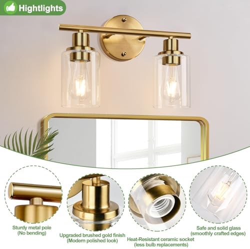 Zarbitta 2-Light Bathroom Light Fixtures, Brushed Gold Vanity Light, Modern Vanity Lights with Clear Glass Shade, Bathroom Wall Lamp for Mirror Kitchen Living Room Hallway Cabinet Porch