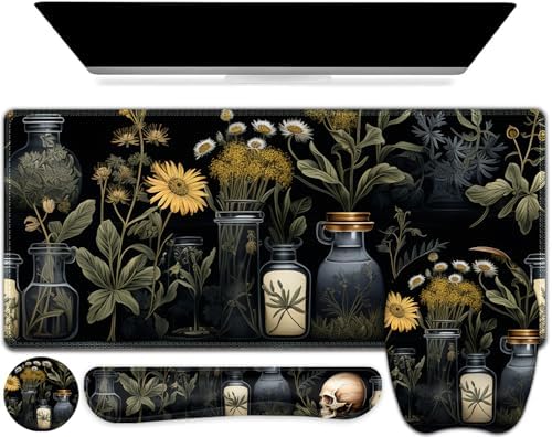 Large Mouse Pad with Wrist Support 4 in1 Set, XXL Big Game Mousepad + Keyboard Wrist Rest+Mouse Wrist Rest+Coaster Gaming Mat for Home Office Computer I Black Academia Mystical Green Plant