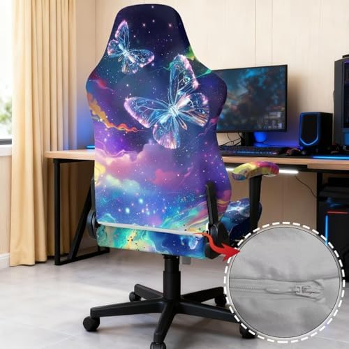 Gaming Chair Seat Cover Butterfly Galaxy Game Chair Slipcovers with 2 Armrest Covers, Scratch-Proof 4 PCS Gamer Desk Chair Covers