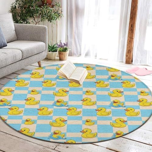 Women's Large Home Decor Mat, Soft Round Yoga Carpet, Non Slip Machine Washable Home Office Circle Rug Blue Checkered Funny Rubber Duck, 36inch