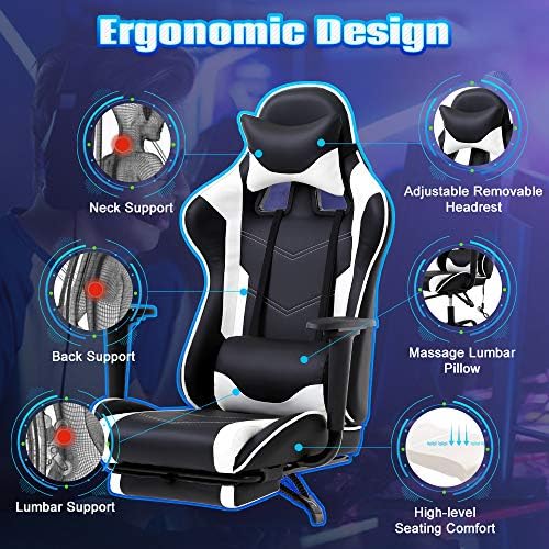 PC Gaming Chair High Back Executive Office Chair Pu Leather Computer Chair Racing Lumbar Support Slide-Out Footrest Adjustable Swivel Video Game Chair,White…