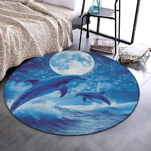 Large Round Area Rug Home Decor Modern Bathroom Rug Kitchen Office Circle Rug for Living Room Sofa Circle Cute Mat Blue Great Water of Waves Sea Full Moon Dolphin Art, 24inch