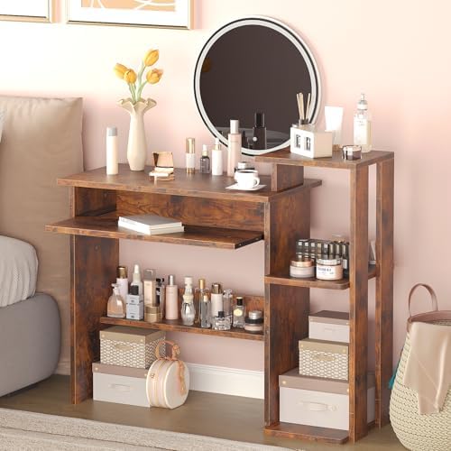 ALISENED Computer Desk with Storage Shelves, Home Office Desk with Monitor Stand, Small Writing Desk Table with Keyboard Tray,Study Table with CPU Stand for Small Spaces (35"-Rusitc Brown)