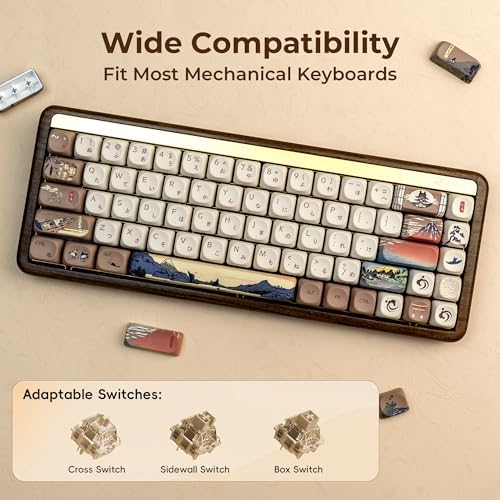 OHY XVX MOA Profile Japanese Fuji Mountain Theme PBT Keycaps Set, 140-Key Coffee & Cream Custom Keycaps for US Layout Mechanical Keyboards (Brown/Beige Design with Key Puller)