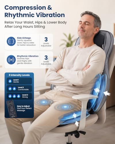 COMFIER Massager Chair with Heat, Shiatsu Neck Back Massager Portable with Compress & Rolling,Massage Chair Pad for Full Back, Neck & Shoulders,Full Body Pain, Gray