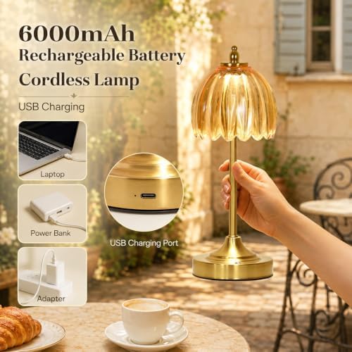 Glass Tulip Table Lamp, Cordless Rechargeable Desk Lamp - Amber