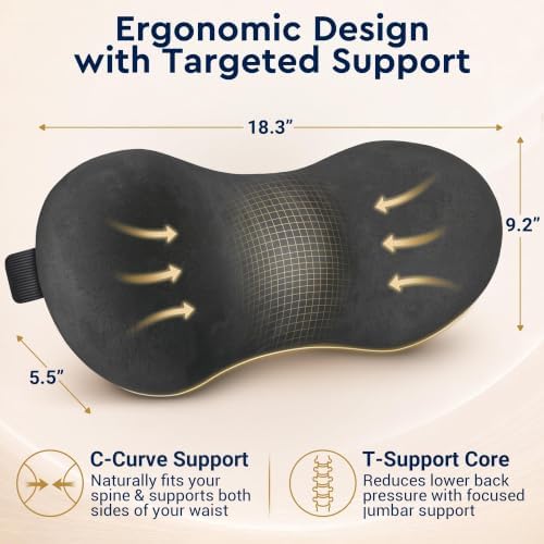 Lumbar Support Pillow for Office Chair, Lower Back Pillow with Strap, Gray