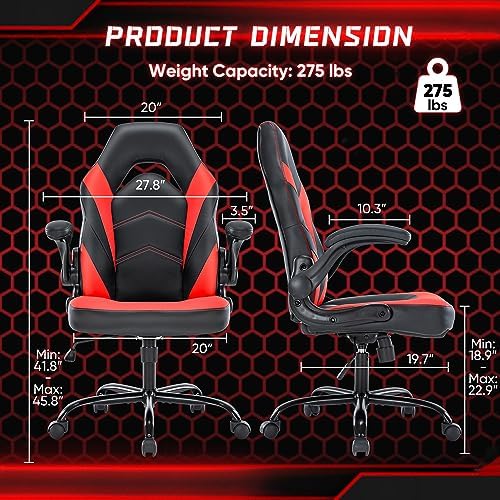 NEWBULIG Gaming Office Computer Chair – Ergonomic Mid-Back with Flip-Up Armrests, Adjustable Height, Lumbar Support & 360° Silent Swivel Wheels, PU Leather for Home/Office, Red